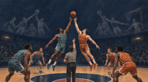 Basketball players rise for a jump ball, with faded illustrations of earlier contests behind them