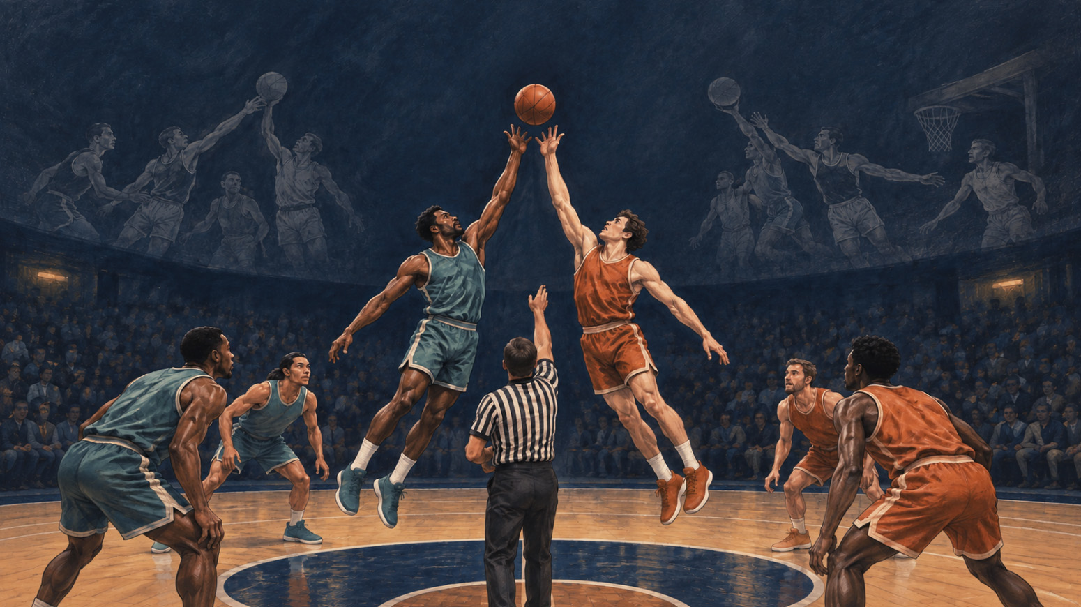 Basketball players rise for a jump ball, with faded illustrations of earlier contests behind them
